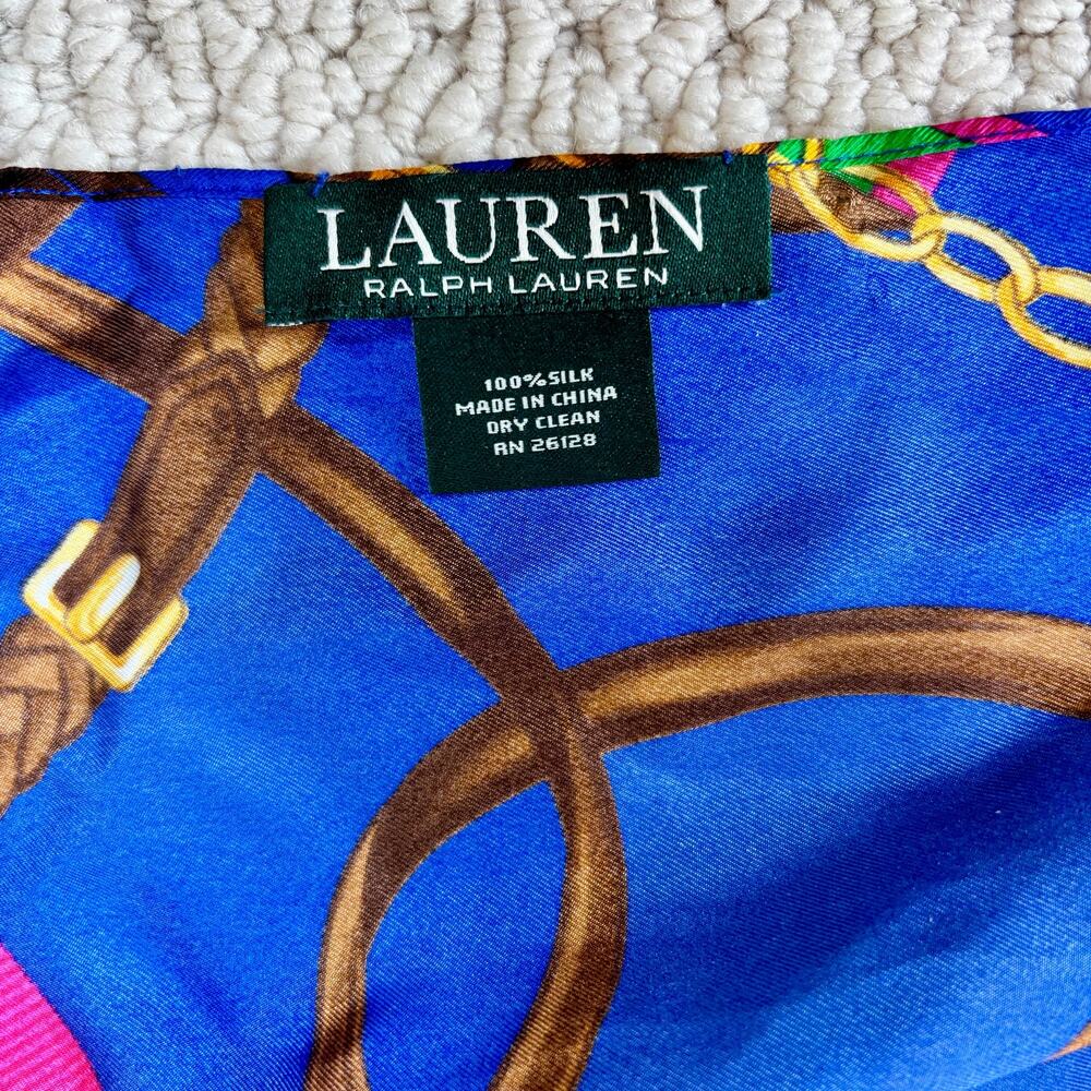 100% Silk Lauren Ralph Lauren Equestrian Scarf 12" x 53" Bridles Saddles Chains - Picture 2 of 4